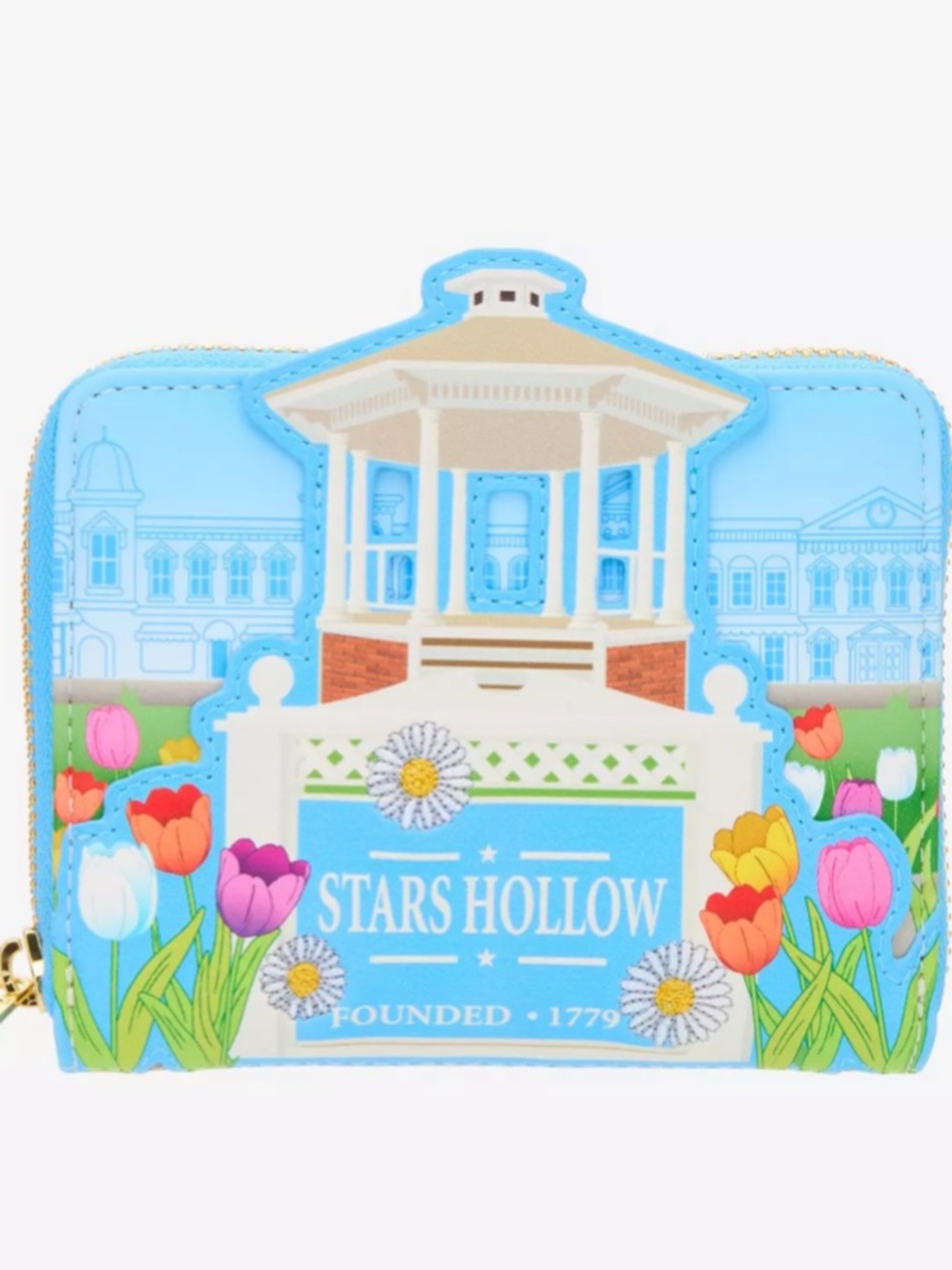 NWT Loungefly Stars Hollow Gazebo tulips & daisies Blue Floral Zip Wallet